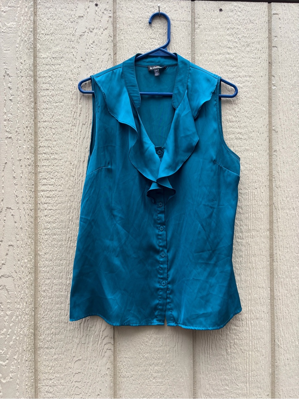 le chateau Teal Ruffle-Trim Sleeveless Button Blouse